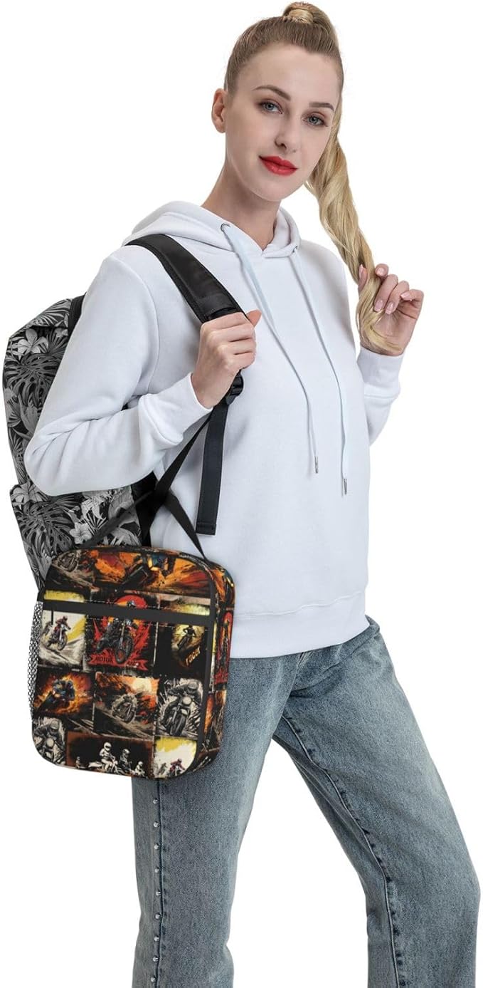 Sport Motorcycle Lunch Boxs for Men Women, Dirt-Bike Motocross Lunch Bag for Kids, Portable Reusable Insulated Lunch Bag for School Work Travel
