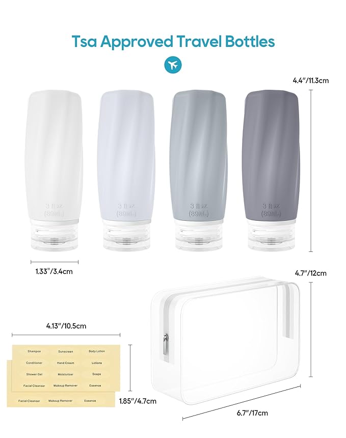 Morfone Travel Bottles for Toiletries, 3oz Tsa Approved Travel Size Containers Leak Proof Squeezable Travel Accessories Refillable for Shampoo Conditioner Lotion Liquids(White Grey)