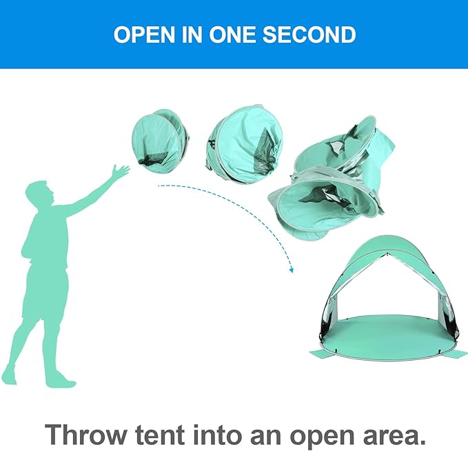 WolfWise UPF 50+ Easy Pop Up 3-4 Person Beach Tent Sport Umbrella Instant Sun Shelter Tent Sun Shade Canopy, Mint Green