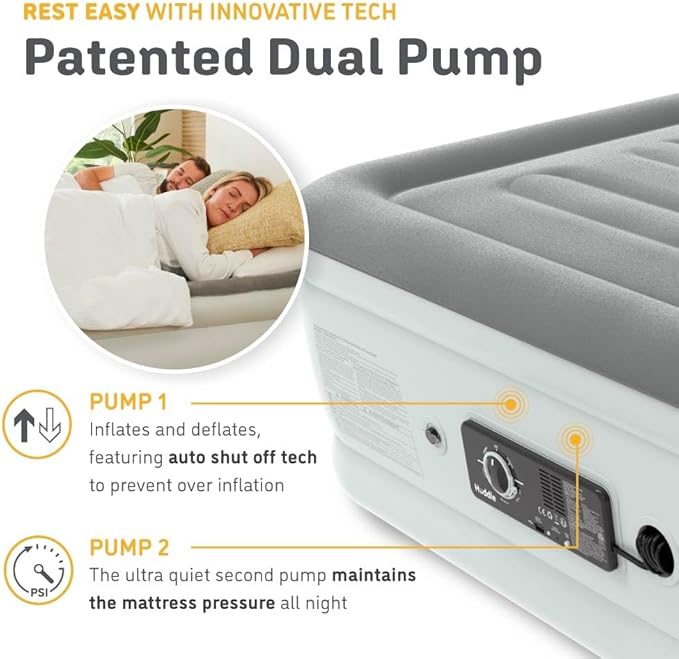 Huddle® Luxury Never Deflate Full Air Bed with Patented Dual Pump SlumberGuard™ Premium Technology | Inflatable Mattress with Built-in Pump | Comfortable Inflatable Mattress