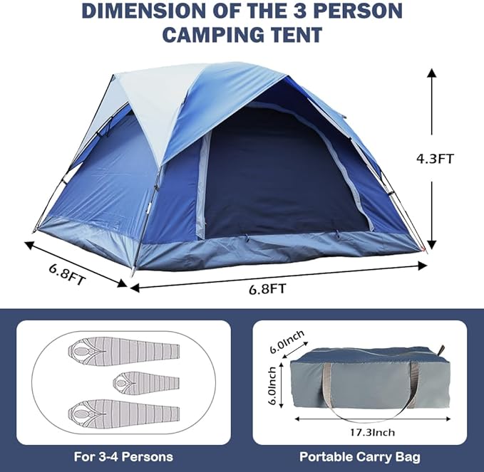 3 Person Tents for Camping, HIKERBRO Small Dome Tent with 2 Upgraded Doors & Half Mesh Ceiling, Waterproof 4 Person Camping Tent with Removable Rainfly, 2/3/4 Person Easy Up Tents for Hiking Traveling