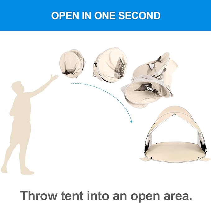 WolfWise UPF 50+ Easy Pop Up 3-4 Person Beach Tent Sport Umbrella Instant Sun Shelter Tent Sun Shade Canopy, Beige