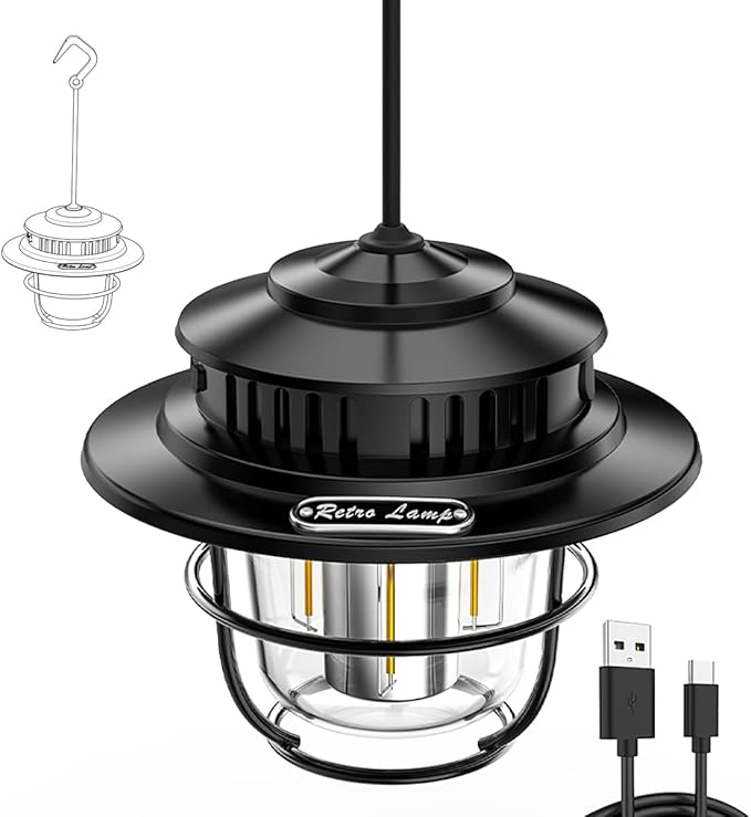 Vintage LED Camping Lantern - Rechargeable 4400mAh, 50-500 Lumens, 4 Lighting Modes, Portable COB Edison-Style Lamp with USB Output, IPX4 Waterproof for Outdoor Camping