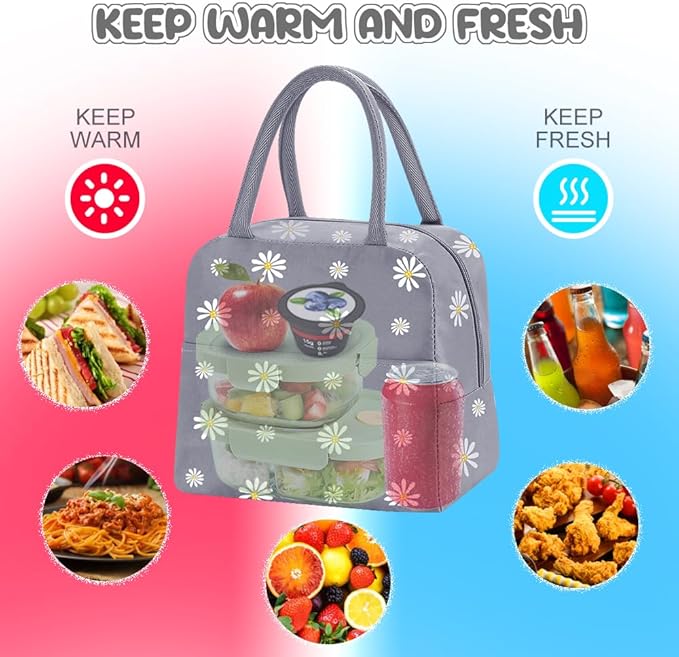 Reusable Insulated Lunch Bag for Women/Men/Adult Portable Thermal Lunch Box Tote Bag Small Lunch Bag with Daisy Pattern for Work & Any Occasion