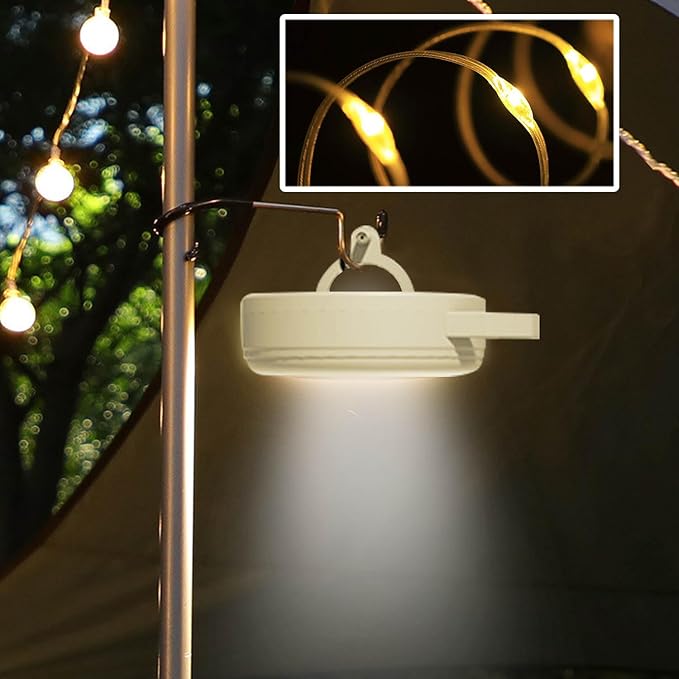 Retractable Camping String Lights Reel, Portable Stowable Rechargeable Strip Light, Waterproof Tent Lantern for Outdoor Hiking Awning Garden Party Festival Decor (Yellow)