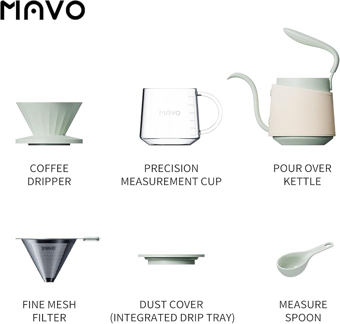 Pour Over Coffee Maker Set, Pour Over Kettle, Coffee Dripper, Glass Coffee Server with Scale, Stainless Steel Filter (Green)