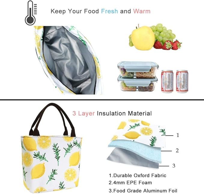 E-Clover Lunch Box for Women Insulated Lunch Bags Cute Lunchbox Cooler Bag for Office Work Picnic Beach Lemon Gifts Hawaii Yellow White