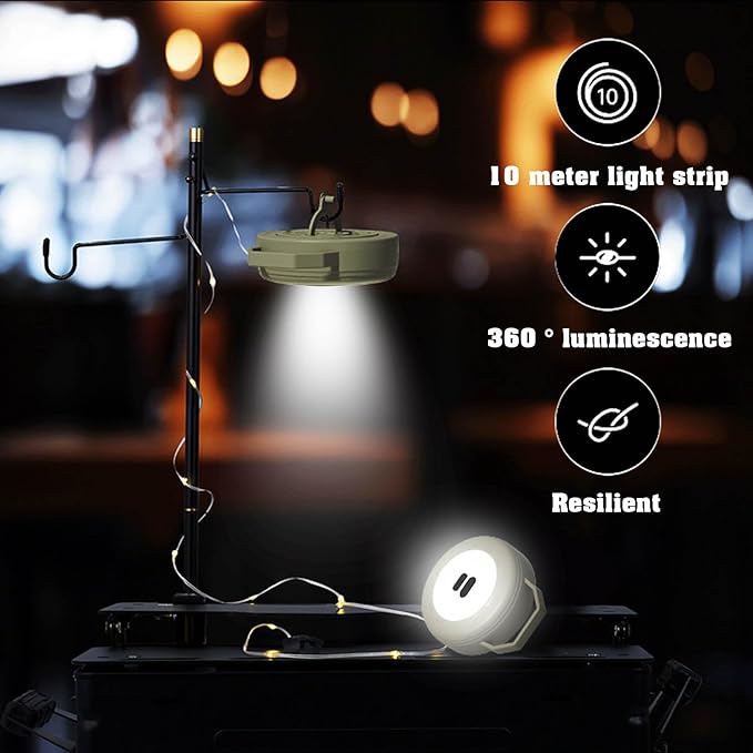 Retractable Camping String Lights Reel, Portable Stowable Rechargeable Strip Light, Waterproof Tent Lantern for Outdoor Hiking Awning Garden Party Festival Decor (Green)