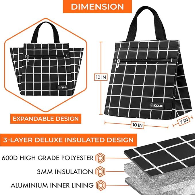 opux Lunch Bag for Women, Insulated Lunch Box Tote for Girls Kids Adult School Work, Reusable Womens Lunch Tote for Office Travel, Cute Small Lunch Tote, Fits 12 Cans - Checker Plaid Black