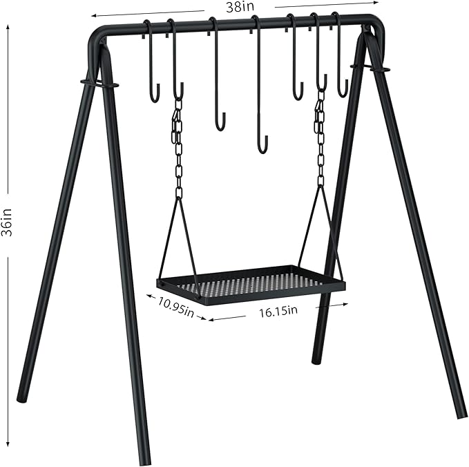 38" Grill Swing Large Campfire Grill Stand w/6 Hooks Cast Iron BBQ Grill Campfire Cooking Stand Cookware Hanging Rack Outdoor Picnic Camping Bonfire Party Barbecue Set for Cookware & Dutch Oven