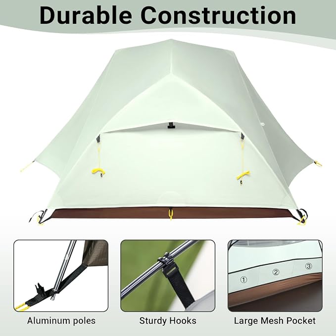 Ultralight 2 Person Backpacking, 4LB Portable 20D Waterproof Nylon Camping, 3 Season Hiking Trekking Tent with 7001 Aluminum Poles