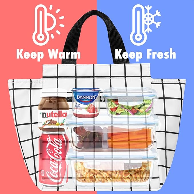 opux Lunch Bag for Women, Insulated Lunch Box Tote for Girls Kids Adult School Work, Reusable Womens Lunch Tote for Office Travel, Cute Small Lunch Tote, Fits 12 Cans - Checker Plaid White