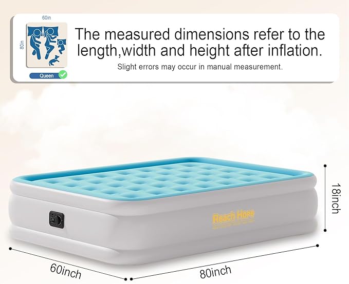 Queen Air Mattress with Built in Pump, Self Inflatable Air Bed Queen, 18" Height Portable Mattress, Blow up Airbed for Camping and Guests. (18" Height, Light Blue).
