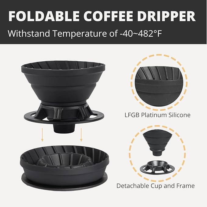 Portable Pour Over Coffee Maker Set, Collapsible Silicone Coffee Dripper Set, Perfect for Travel, Camping, Home (SILVER CUP 2CUP)