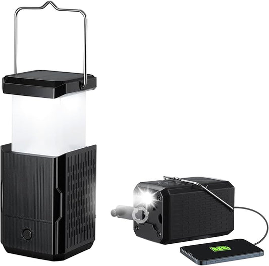 Camping Lantern Rechargeable, Hand Crank & Solar Camping Lights with USB Output, Tent Lights for Camping, Portable Camp Lamp, Camping Hurricane Home Power Failure Essentials (Black, 1 Pack)