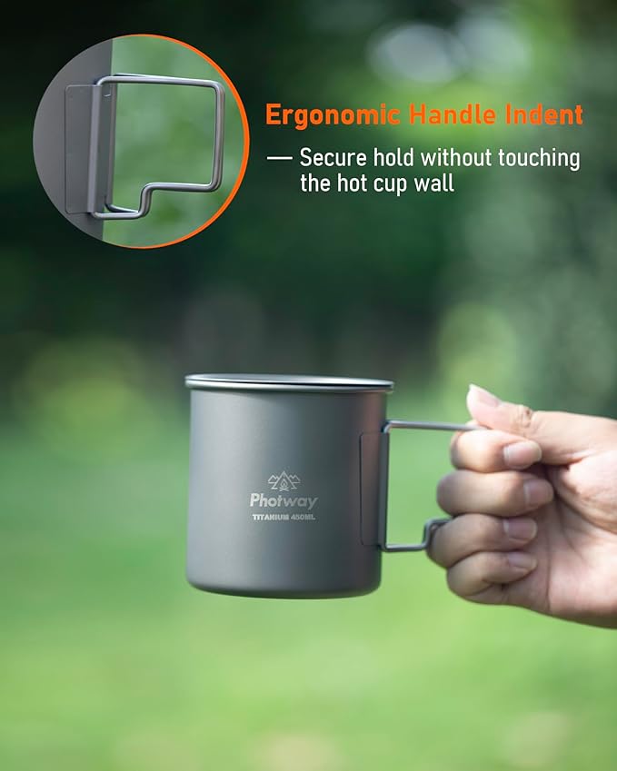 Camping Titanium Mugs Cups 450ml Camp Coffee Mug with Lid - Ultralight Backpacking Camp Cup for Hiking Backpacking Camping Open Fire