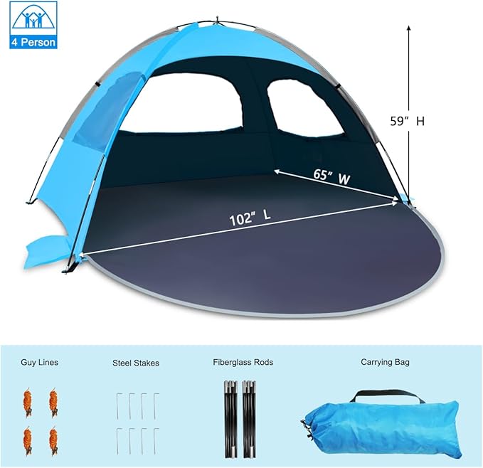NXONE Beach Tent Sun Shade Shelter for 4 Person with UV Protection, Extended Floor, 3 Mesh Roll Up Windows & 8.5mm Fiberglass Rods丨Carry Bag Included (Dark Shelter-Ocean Blue)