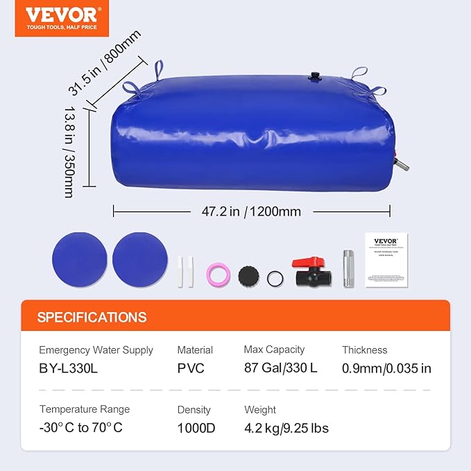 VEVOR 330L/87.17 Gallon Water Storage Bladder, RV Water Tank, 1000D Blue PVC Collapsible Water Storage Containers, Large Capacity Soft Water Bag, Portable Water Bladder, for Garden Irrigation, Camping