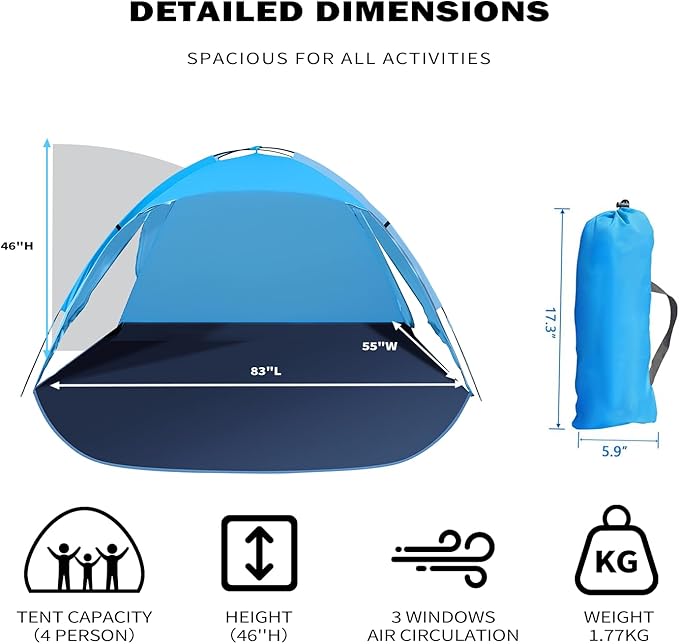 Beach Tent for 3-4 People, UPF50+ Sun Shelter with Breathable 3-Zipper Door Design, 8.0mm Reinforced Fiberglass Poles, Portable Shade Canopy for Beach & Camping (Blue)
