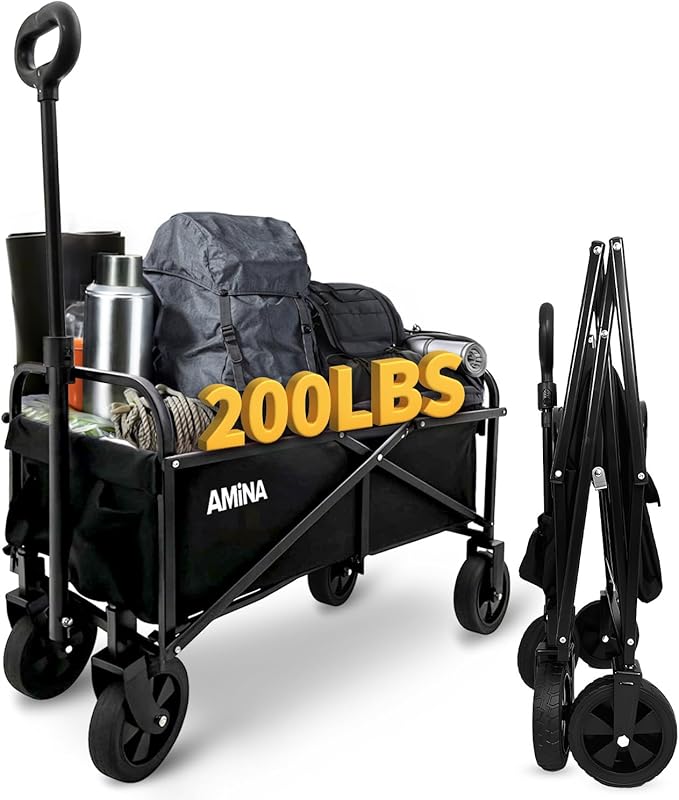 AMiNA Wagons Carts Foldable - Collapsible Wagon Lightweight, Water-Resistant Carts with Wheels, Folding Wagon 200 lbs Weight Capacity for Sports, Camping, Beach Cart, Utility Cart - Black