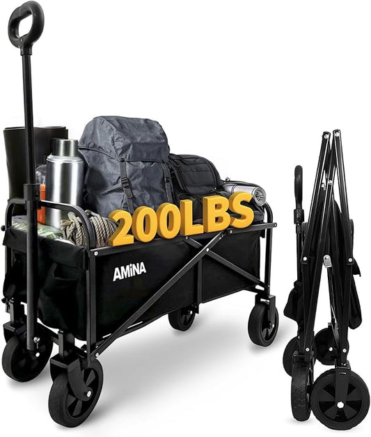 AMiNA Wagons Carts Foldable - Collapsible Wagon Lightweight, Water-Resistant Carts with Wheels, Folding Wagon 200 lbs Weight Capacity for Sports, Camping, Beach Cart, Utility Cart - Black
