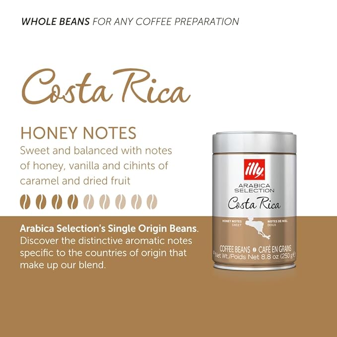 illy Whole Bean Coffee - Perfectly Roasted – Costa Rica Medium Roast - with Notes of Honey, Vanilla & Citrus - 100% Arabica Beans - No Preservatives – 8.8 Ounce