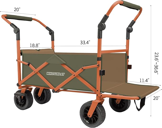 Whitsunday Collapsible Folding Beach Wagon Cart, Double Push Bar Wagon with Tailgate, 360° Rotating Wheels Heavy Duty Utility Camping Grocery Wagon with Wheels Green