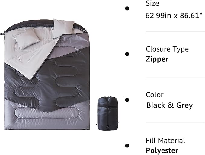 oaskys Double Sleeping Bag for Adults with 2 Pillows - Queen Size XL Waterproof Sleeping Bag for All Season Camping Hiking Backpacking 2 Person Sleeping Bags for Cold Weather & Warm