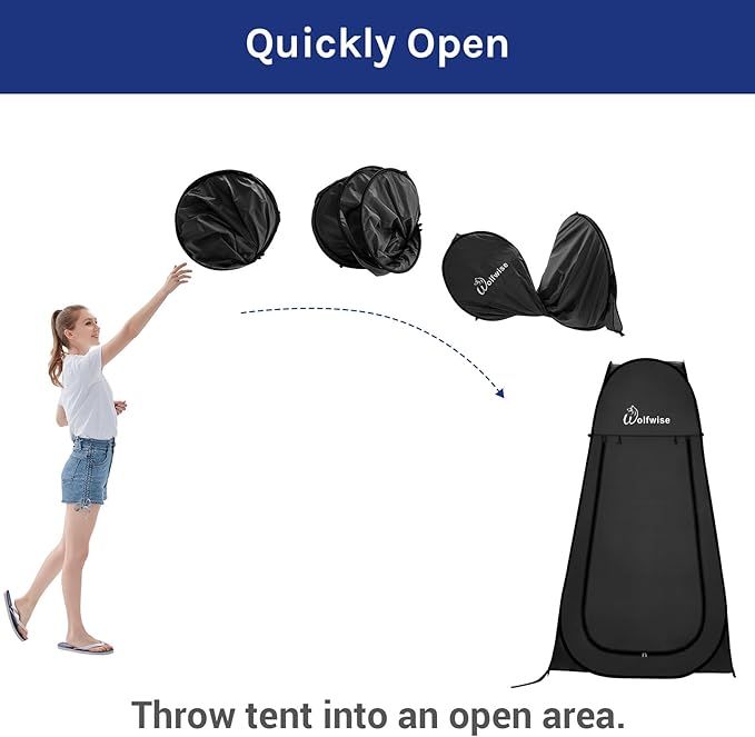 WolfWise Portable Pop Up Privacy Shower Tent, Spacious Changing Room, Dressing Room, Sun Sunshade Canopy Outdoor Rain Shelter, Backpack Privacy Shelters for Camping, Hiking, Beach, Toilet, Large Black