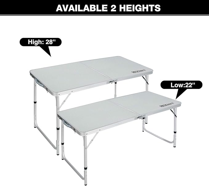 REDCAMP Aluminum Camping Table 4 Foot, Portable Folding Table Adjustable Height Lightweight for Picnic Beach Outdoor Indoor, White 48 x 24 inches