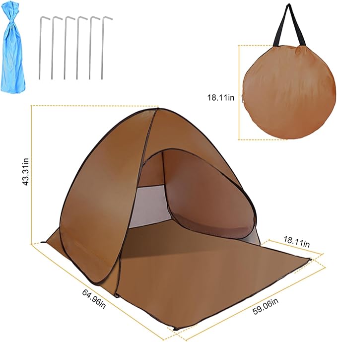 Pop Up Beach Tent for 2-3 Person, UPF50+ Anti-UV Sun Shelter w/Storage Bag, Portable Waterproof Instant Sun Shade Canopy for Outdoor Beach Camping Hiking Travel Family, Coffee