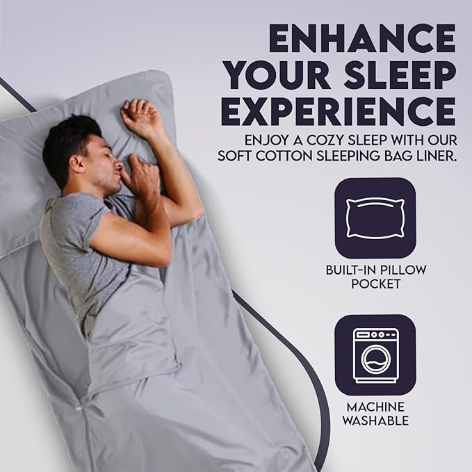 Sleeping Bag Liner XL-Lightweight Adult Sleep Sack – Cotton Summer Sleeping Bag for Adults – Washable Self Tan Sleep Sack – Travel Sheets for Camping & Travel – Compact Camping Bedding