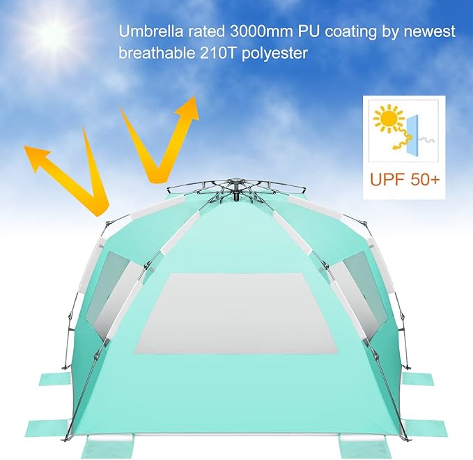 Oileus XX-Large Pop Up Beach Tent Sun Shelter for 5-6 Person Portable Sun Shade Instant Tent for Beach with Carrying Bag, Stakes, 6 Sand Pockets, Anti UV for Fishing Hiking Camping Light Green