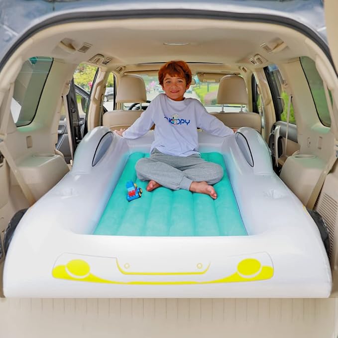 KINMAC Inflatable Toddler Travel Bed- Portable Travel Toddler Air Bed for Kids Camping Air Mattress Racecar Toddler Bed with Sides Blow Up Mattress Sleeping Pad for Camping Car Travel Sleeping(Green)