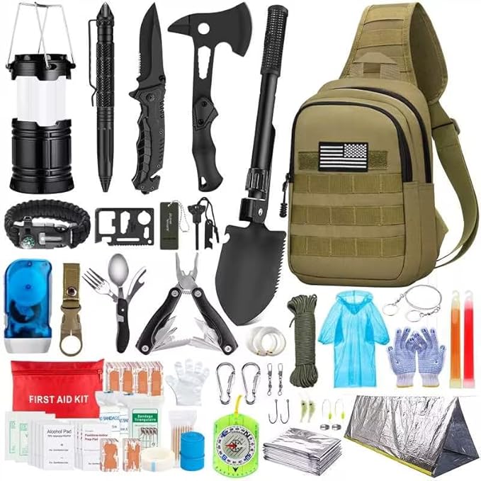 Emergency Survival Kit, 151 Pcs Survival Gear First Aid Kit, Outdoor Trauma Bag with Tactical Flashlight Knife Pliers Pen Blanket Bracelets Compass for Camping Earthquake or Adventures