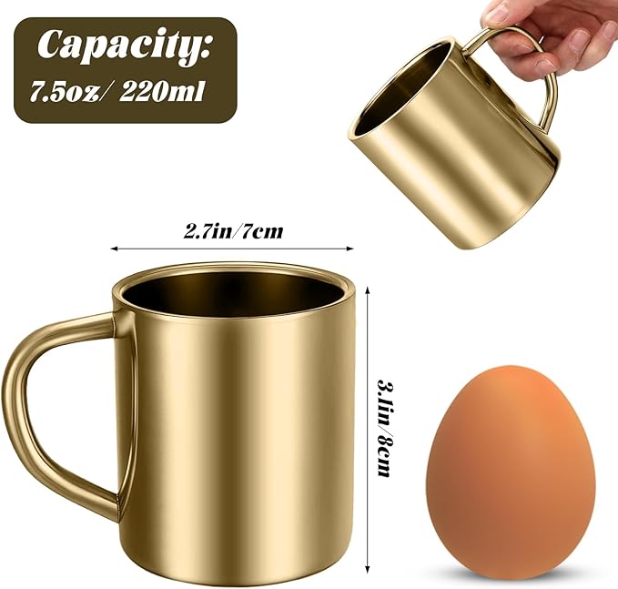 Cunhill 4 Set 7.5oz/220ml Stainless Steel Coffee Mug with Handle Metal Double Walled Cups Camping Mug Dishwasher Safe Tea Cups for Home Travel Camping Outdoors Rv Keep Drinks Hot (Gold)