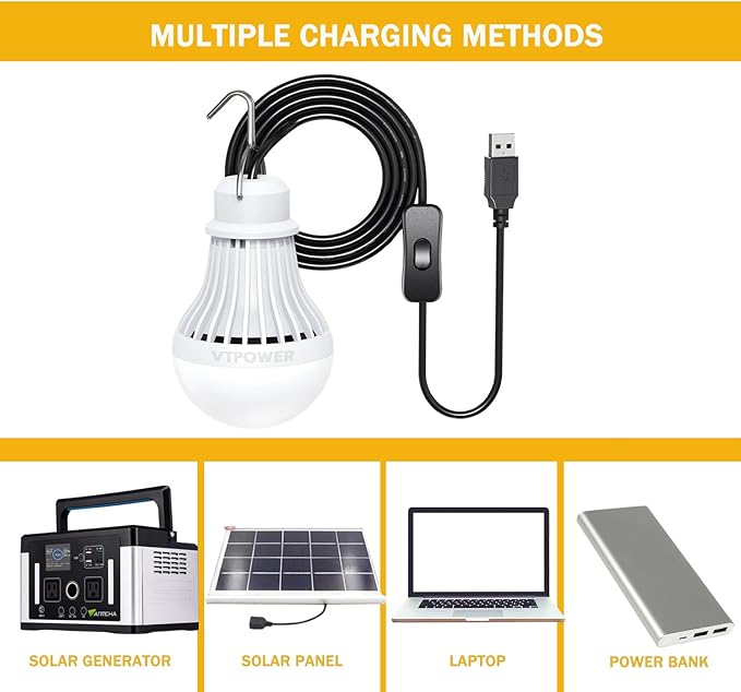 USB LED Light Bulb Camping Latern Outdoor Light with Simple Switch, Portable LED Bulb 5V 5W for Garage Warehouse Car Truck Fishing Boat Outdoor Emergency Light White Lamp 2.5m/8.2ft…