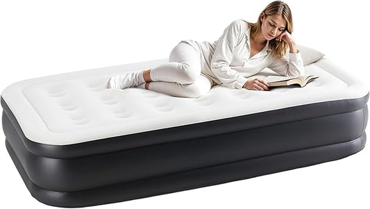 YSSOA Twin Travel Air Mattress, Built-in Electric High-Speed Pump, 16" Bed Height, Waterproof Foldable Portable Blow Up Inflatable Airbed, for Home Guests & Camping, 600 lbs Max