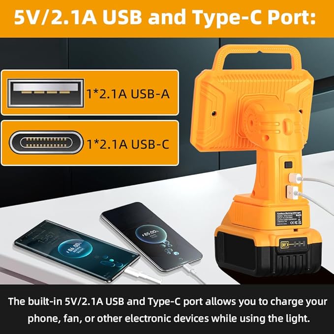 2000LM Light Compatible with Dewalt 20V Max Lithium-ion Battery, 18W Flashlight with USB Port, LED Work Light for Emergencies, Camping, Outdoor, Indoor(Battery not Included)