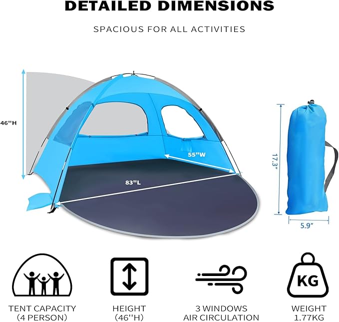 Beach Tent for 3-4 People, UPF50+ Sun Shelter with Breathable 3-Way Ventilation, 8.0mm Reinforced Fiberglass Poles, Portable Shade Canopy for Beach & Camping (Blue)
