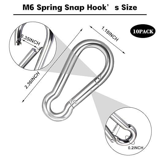 10 PCS 2.36 Inch Spring Snap Hook Carabiner Clip, M6 1/4 Inch Galvanized Silver Steel Quick Link Clip with 260LBS Holding Capacity for Hammock, Dog Leash, Camping, Gym