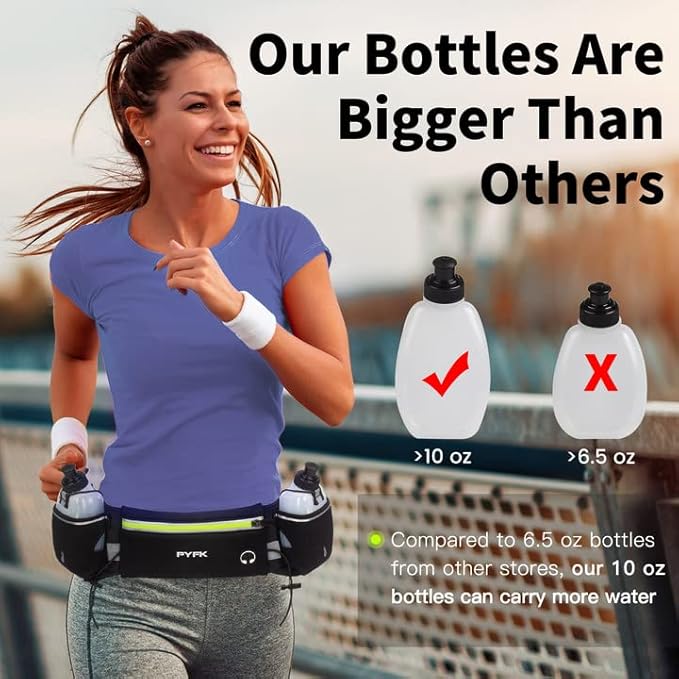 PYFK Upgraded Running Belt with Water Bottles, Hydration Belt for Men and Women, Water Bottle Holder Running Pouch Belt, Fanny Pack Fits 7 inches Phones, Waist pack for Running Hiking Climbing