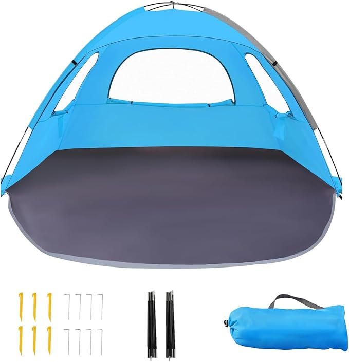 Beach Tent for 3-4 People, UPF50+ Sun Shelter with Breathable 3-Way Ventilation, 8.0mm Reinforced Fiberglass Poles, Portable Shade Canopy for Beach & Camping (Blue)
