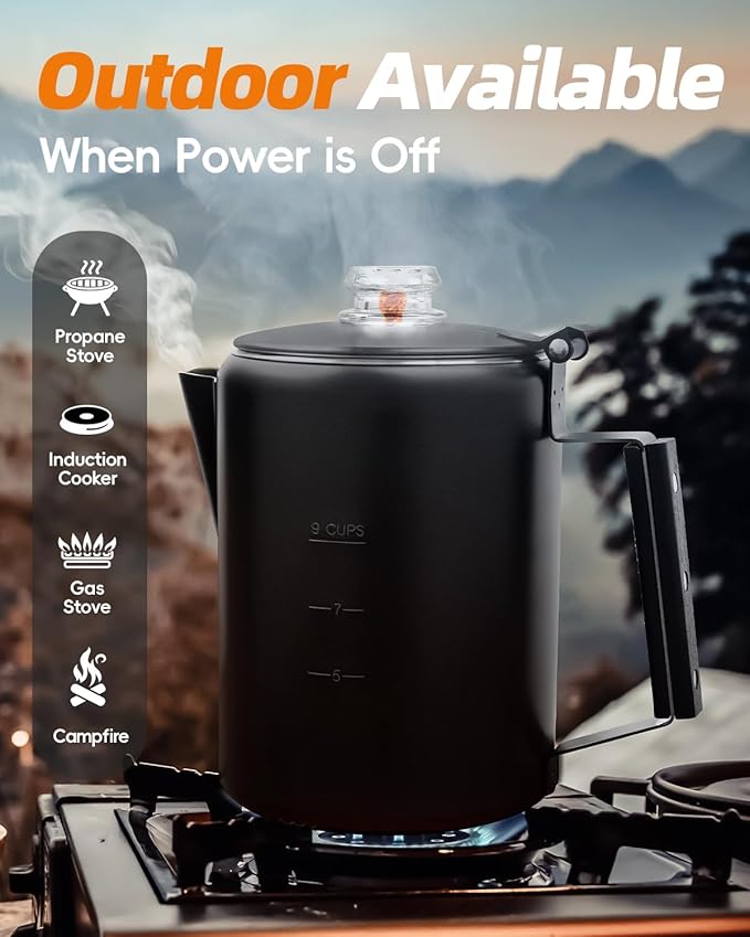 MEREZA Coffee Percolator Stovetop Camping Coffee Pot Stainless Steel 9 CUP Camping Coffee Maker Outdoor Home NO Aluminum or Plastic Black