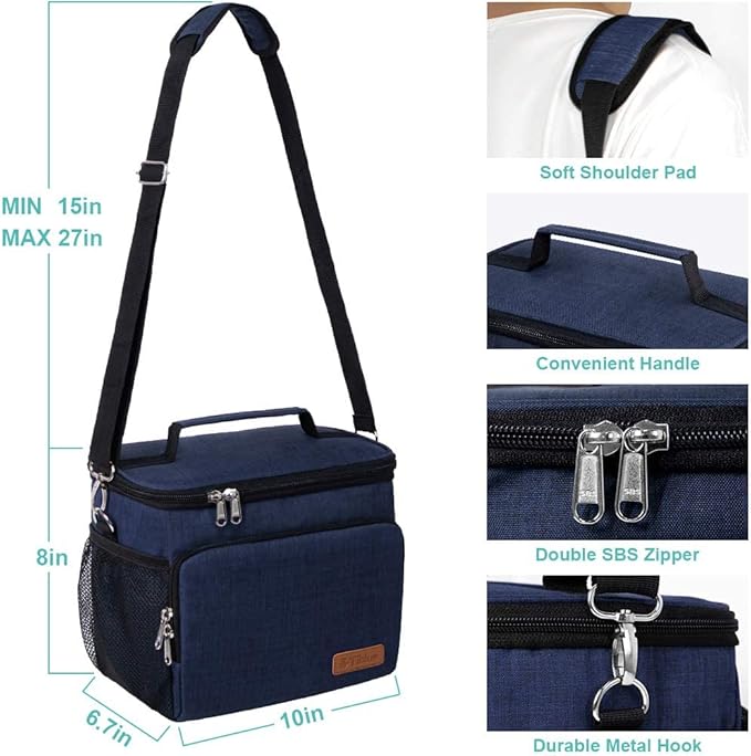 Tiblue Insulated Lunch Bag for Women/Men, Reusable Lunch Box for Office Work School Picnic Beach, Leakproof Freezable Cooler Bag with Adjustable Shoulder Strap for Kids/Adult(Medium, Navy Blue)