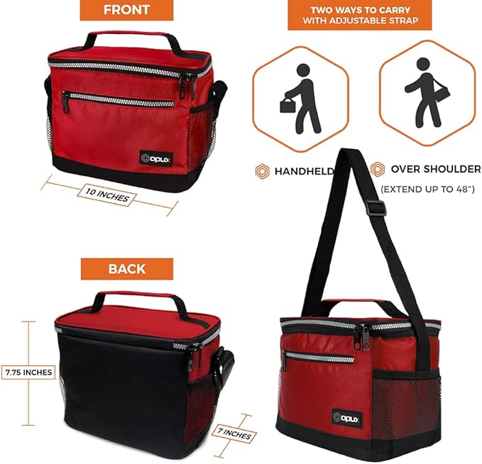 opux Insulated Lunch Box Men Women, Lunch Bag for Work School, Leakproof Soft Cooler Tote Adult, Large Lunch Pail Kids Boys Girls, Picnic Beach Food Bag with Shoulder Strap, Red