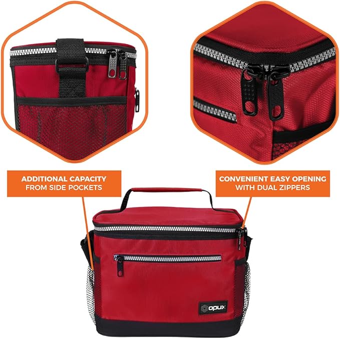 opux Insulated Lunch Box Men Women, Lunch Bag for Work School, Leakproof Soft Cooler Tote Adult, Large Lunch Pail Kids Boys Girls, Picnic Beach Food Bag with Shoulder Strap, Red