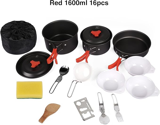 REDCAMP 12/14/15/19 PCS Camping Cookware Mess Kit Camping Gear Campfire Utensils Lightweight Stackable Pot Pan Bowls Soup Spoon with Storage Bag for Camping, Backpacking, Outdoor Cooking, Picnic