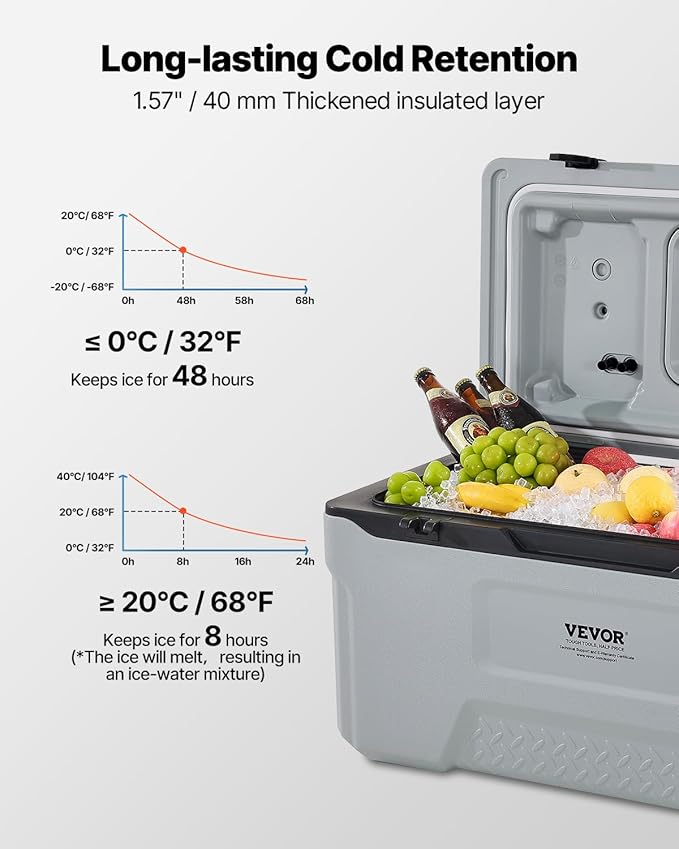 VEVOR Ultra-Light Hard Cooler, Ice Retention Cooler with Heavy Duty Handle, Ice Chest Lunch Box for Camping, Travel, Outdoor, Keeps Cool for up to 6 Days, 30% Lighter Than Rotomolded Coolers