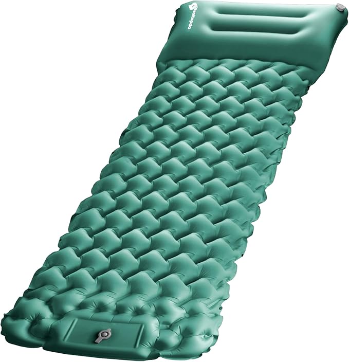 Inflatable Camping Sleeping Pad with Pillow & Foot Pump, 3"x79"x26" Single Camping Air Mattress, Compact Roll-Up, Quick-Dry & Durable Sleeping Mat for Backpacking, Hiking, Tent, Travel – Lake Green